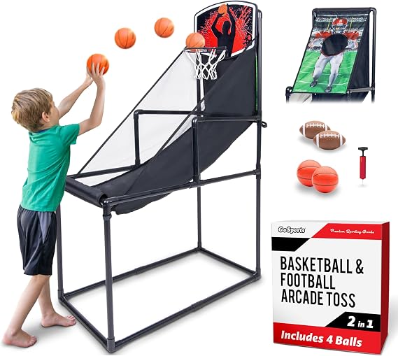 GoSports 2-in-1 Basketball Hoop & Football Tostarget Arcade Game - Indoor & Outdoor Toy Hoop for Kids Ages 3-8 - 2 Basketballs, 2 Footballs, and Pump Included