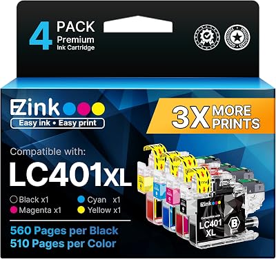 E-Z Ink LC401XL Ink Cartridges for Brother Printer Compatible Replacement for Brother LC401 Ink Cartridges LC401 XL LC401XL LC 401 to use with MFC-J1010DW MFC-J1170DW MFC-J1012DW DCP-J1800DW 4 Pack
