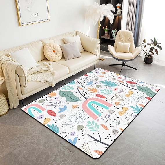 Cartoon Rainbow Area Rug 150*200cm for Girls Boys Kids Colorful Flowers Leaves Decorative Carpet Set Room Decorative Colorful Rainbow Rugs for Living Room Bedroom Indoor Floor Mat Mushrooms
