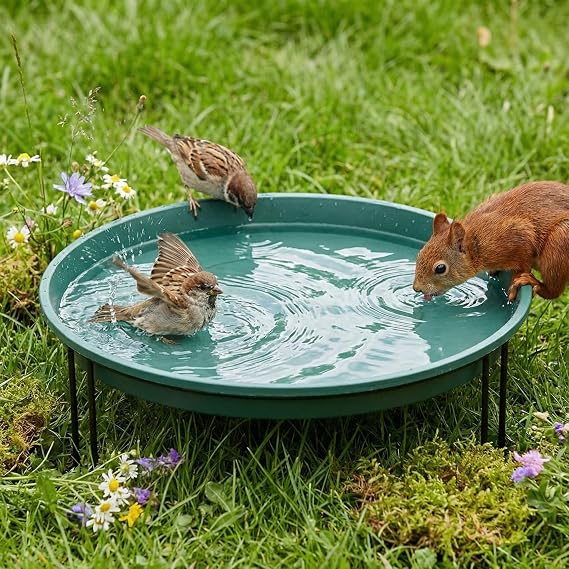 14.37'' Ground Bird Bath for Outside Large Bird Bath Bowl for Patio Garden or Deck Floor Standing Black Steel Wire Stand with Dish Outdoor Feeder Water(Green)