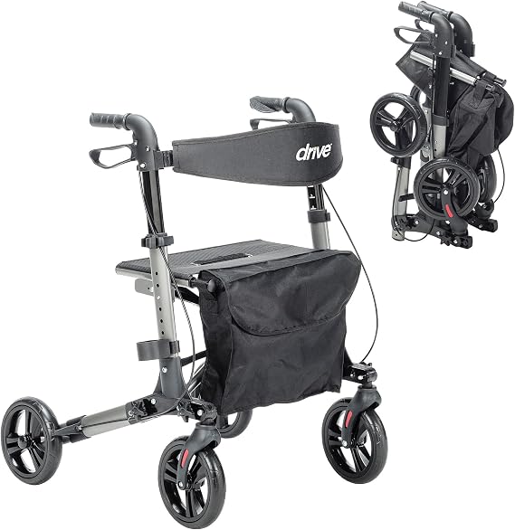 Drive Medical Compact Folding Rollator with Seat and Brakes, 8-Inch Wheels | Space-Saving 4-Wheeled Rollator Folds Compactly for Travel and Includes Seat and Brakes for Rest Stops