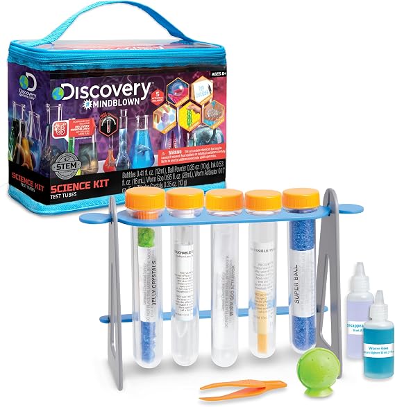 DiscoveryTM Test Tubes Science Kit, 19-Piece Chemistry Set W/ 5 Educational Experiments, Safe & Easy Kids STEM Activity, Educational Learning Toy, Bubbles Bouncy Ball Jelly Crystals, Fun