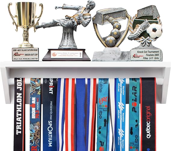 Medal Hanger & Trophy Shelf- Use as a Medal Display with Shelf, Trophy Rack, Medal Holder and Medal Display Hanger, Race Medal Display and Medal Hanger with Shelf... (White)