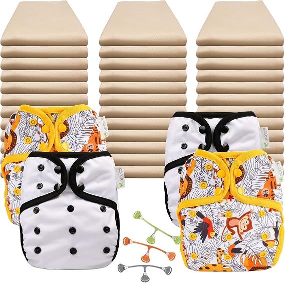 OsoCozy Economy Organic Flat Cloth Diaper Package - 36 Organic Cotton Birdseye Weave Flats, 3 Snappi Fasteners, 4 One-Size Diaper Covers (2 Zoo Day, 2 Polar White)