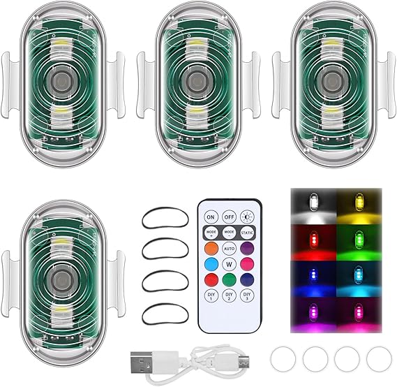 4PC LED Car Strobe Lights with Remote Control,8 Color Wireless LED Ambient Car Interior Light,Waterproof USB Rechargable Led Strobe Drone Light Bright Flashing Warning Lighting for Motor Truck Bike