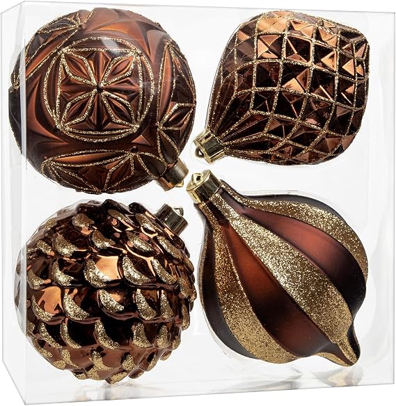 Hollyone 4.7 Inch Large Brown and Gold Christmas Ornaments Bronze Tree Balls 4Pcs Shatterproof Christmas Hanging Ornaments for Xmas Tree Decor Wedding Holiday Party Wreath Home Decor (Brown, 120mm)