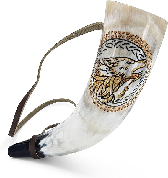 Norse Tradesman Viking War Horn 12" Blow Horn Battle Trumpet Crafted from Authentic Premium Ox Horn Hand Engraved with Norse Wolves A Stirring Piece of History "The Howler"