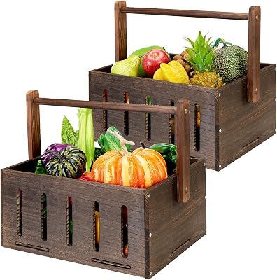 ELONG HOME 2 Pack Rustic Wooden Crates, Large Capacity Garden Basket, Brown Wood, Farmhouse Vintage Decor