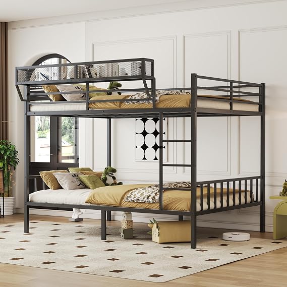 Queen Over Queen Metal Bunk Bed with Storage Shelf Built-in USB Port, Heavy Duty Queen Size Bed Frame w/Full-Length Guardrail & Ladder, Noise-Free & Stable,No Box Spring Needed