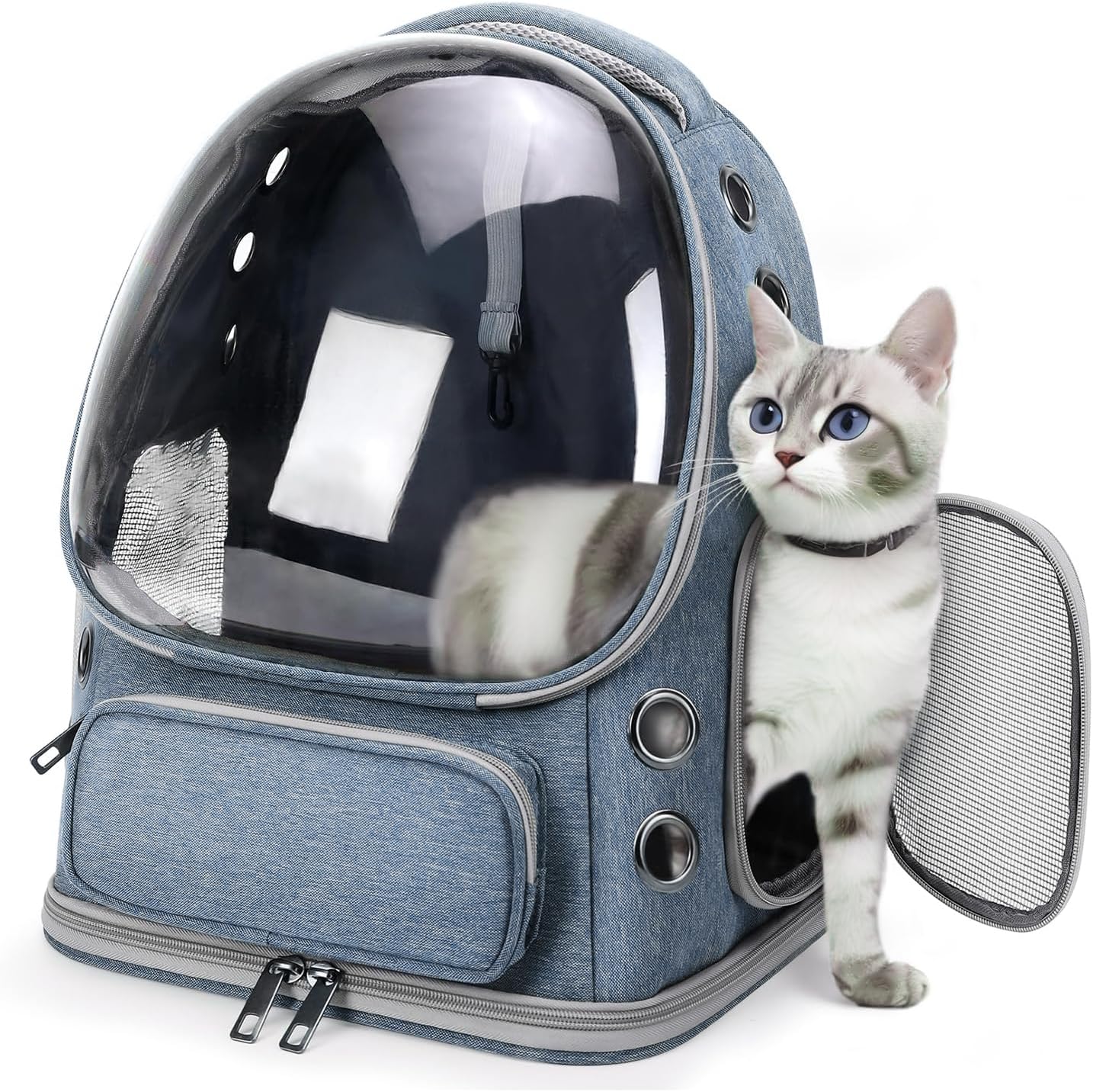 Breathable Cat Backpack Carrier, Large Space Cat Bubble Backpack for Kitty & Small Dog up to 18lbs, Foldable Cat Carrier Backpack, Transparent Airline Approved Carrier for Travel (Blue)