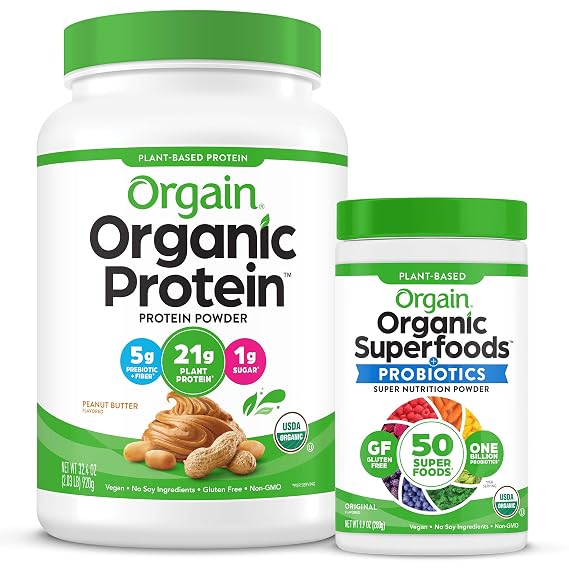 Orgain Organic Vegan Protein Powder (Peanut Butter) Organic Greens Powder (+50 Superfoods) Bundle