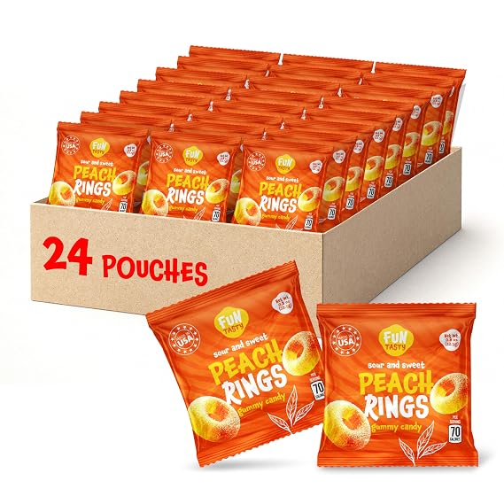 Peach Rings, Peach Gummy Candy Individually Wrapped - 24 Packs
