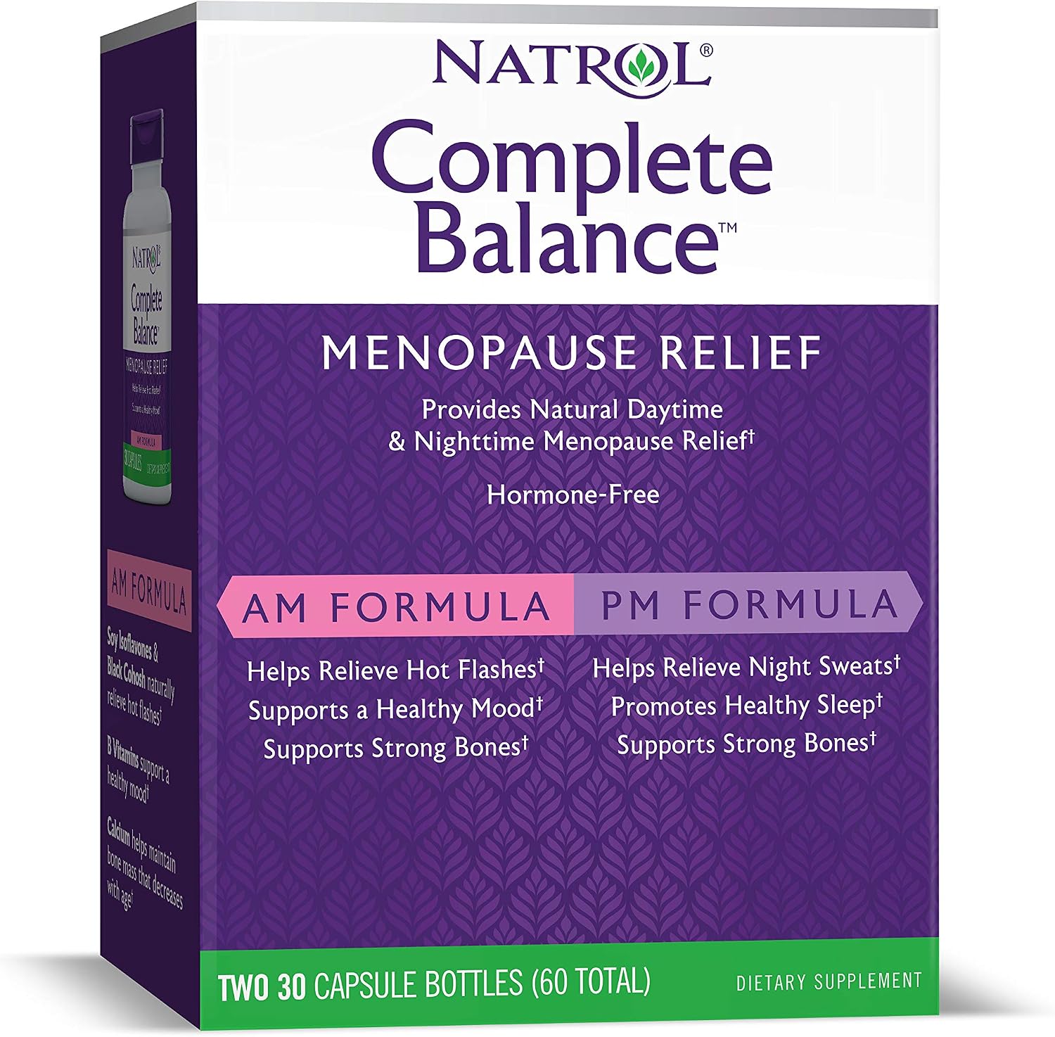 Natrol Complete Balance A.M.P.M. Capsules for Menopause Relief, Helps Relieve Hot Flashes and Night Sweats, Complete Day and Night Menopause Support, Provides Mood Support, 30 Count