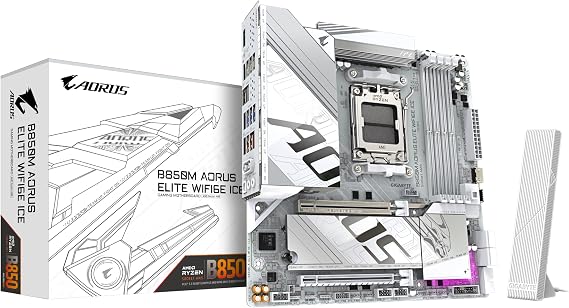 GIGABYTE B850M AORUS ELITE WIFI6E ICE LGA1851 DDR5 7600MHz(OC) PCIe 5.0 Dual M.2 NVMe WiFi 6E 2.5GbE LAN White matX Motherboard