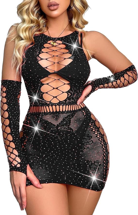 Fishnet Lingeries Womens Mesh Outfit One Piece Babydoll Mini Dress Sparkle Rhinestone Lingerie One Size