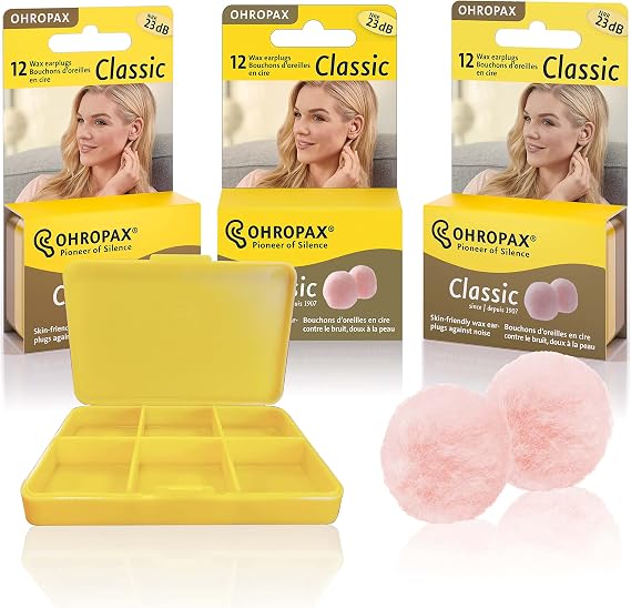 Ohropax Reusable Cotton/Wax Ear Plugs - Ear Plug for Noise Reduction, Studying, Snoring, Hearing Protection, For Sensitive Ears, Personalized Fit w/ Convenient Yellow Pocket Sized Case, 36 Plugs