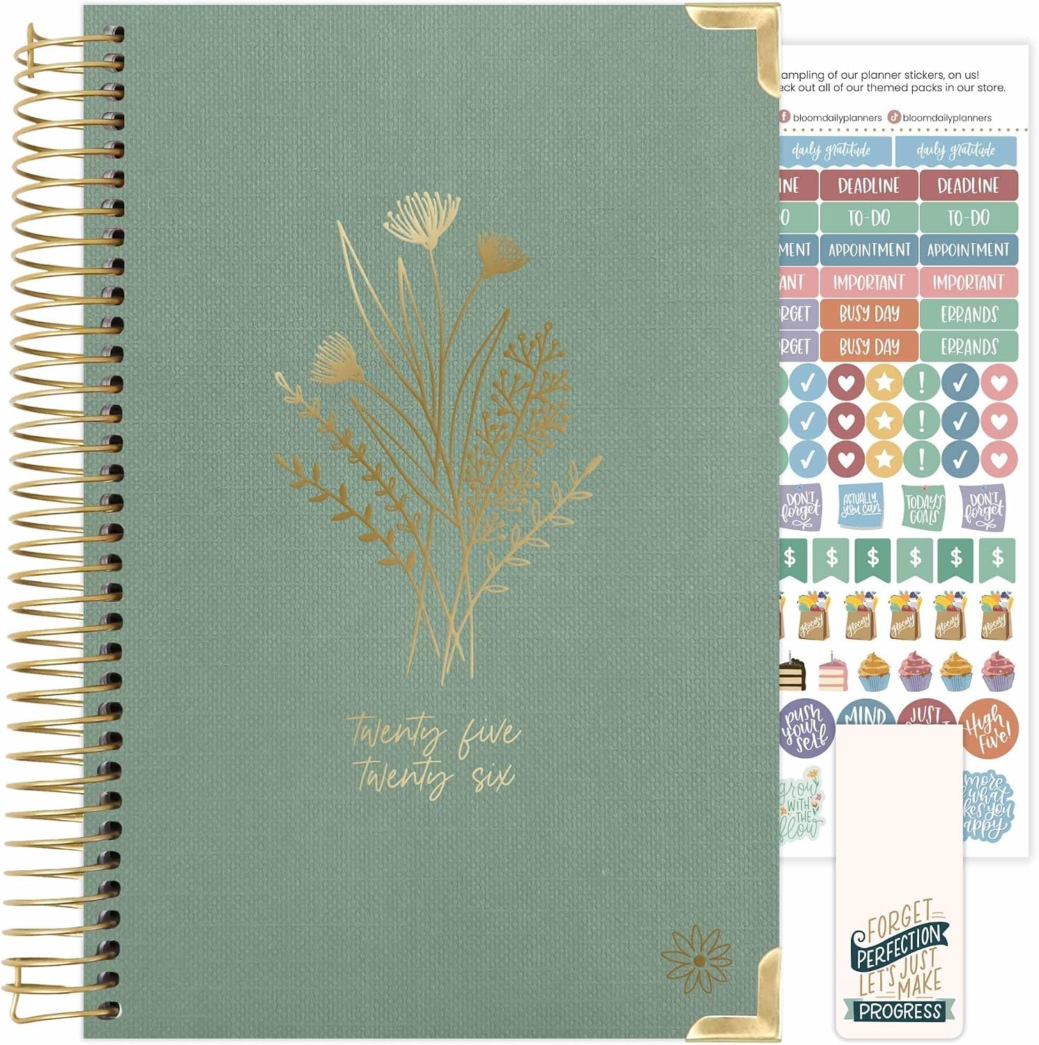 bloom daily planners HARDCOVER 2025-2026 Academic Year Planner July 2025 - July 2026 - A5 Task Goal Organizer - Aesthetic Monthly & Weekly Inspirational Agenda Book - 5.5 x 8.25 - Green Linen