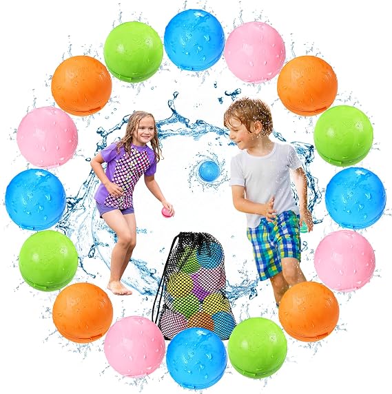 KOKODI 16PCS Reusable Water Balloons for Kids Ages 3-14, Self Sealing Water Bombs for Pool & Beach, Quickly Fill Refillable Silicone Water Balls Fight Toys for Summer Outdoor Games