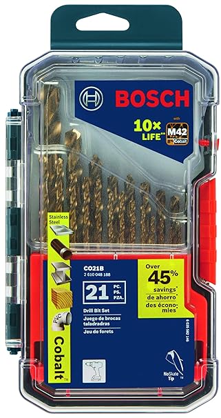 BOSCH CO21B 21-Piece Assorted Set with Included Case Cobalt M42 Metal Drill Bit with Three-Flat Shank for Drilling Applications in Stainless Steel, Cast Iron, Titanium, Light-Gauge Metal, Aluminum