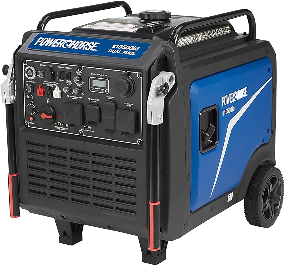 Powerhorse Inverter Generator, 10,500 Surge/8,300 Rated Watts, Dual Fuel | 120/240V output, CO shutdown, Quiet 62dB operation, Backup/jobsite power, Outdoor/recreational use
