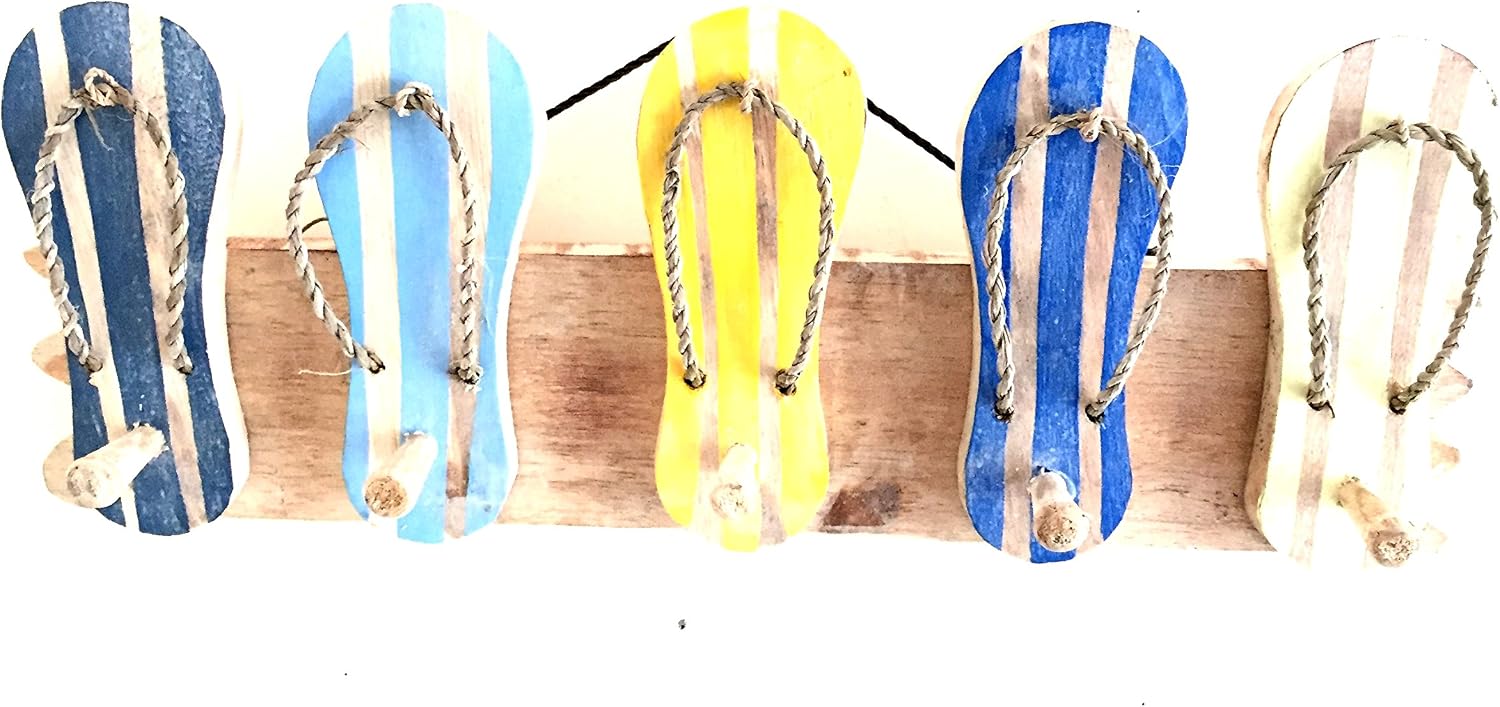 OMA Beach Flip Flops Towel Wall Hook Hanger Pool House Coastal Beach Tropical Wooden Flip Flops Wall Decor for Home and Gift