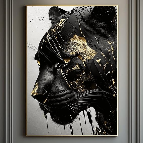 Black Panther Print Wall Art Abstract Panther Prints Black and Gold Poster Black Panther Wall Decor Black Panther Poste Panther Painting Wildlife Animal Pictures Poster for Room 16x24inch Umframed