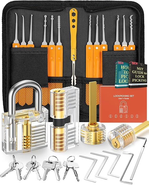 EVENTRONIC Lockpicking Set mit 32 Dietrich 4 Transparenten Trainingsschlössern und Handbuch - Das perfekte Lock Pick Set für Anfänger und Profis Orange
