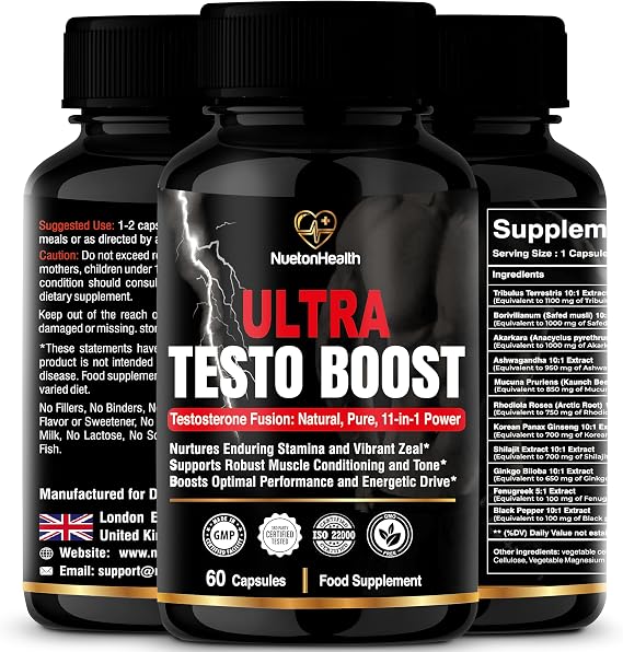 Ultra Testo Boost - Natural Testosterone Supplements for Men - 11 Botanical Ingredients Including Tribulus, Ashwagandha, Ginseng, Shilajit, Ginkgo & Rhodiola - 60 Booster Capsules