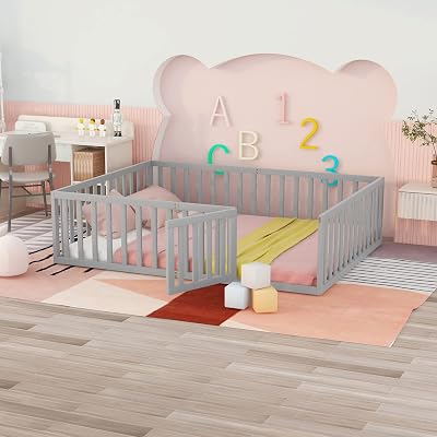 Queen Size Solid Wood Floor Bed Frame with Safety Fence and Door, Montessori Floor Bed for Kids Girls Boys Bedroom, Easy Assembly Gray, Queen