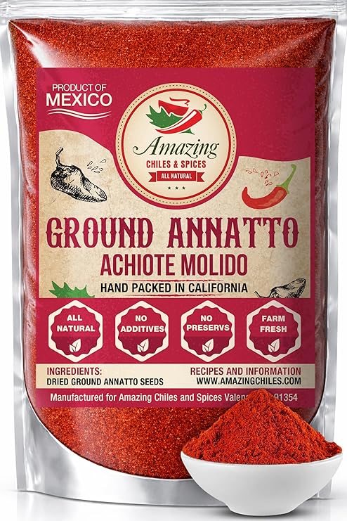 Achiote Powder Ground Annatto Seeds 16oz (1LB) Great for Adding Color and Mild Flavor in Soup, Stews, Meats and Mexican Recipes | Mild flavor with earthy warmth. Rich golden color for rice, soups, meats & sauces. All natural annatto. Resealable bulk bag.