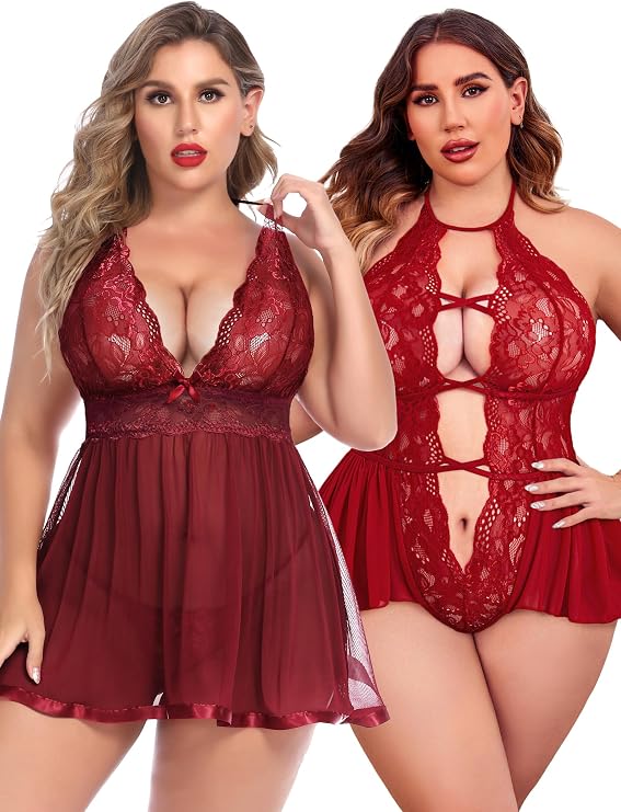 Avidlove Women Plus Size Babydoll Lingerie And Lace Bodysuit Dark Red 4XL