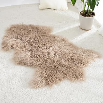 100% Genuine Sheepskin Area Rug Real Lightweight Fluffy Soft Mongolian Long Wool Fur Carpet for Couch Bed Sofa Bedroom Living Room Taupe 2x3ft
