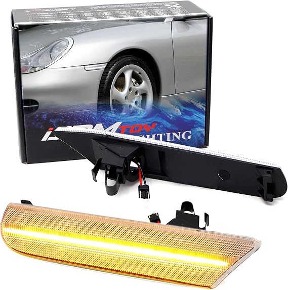 iJDMTOY Euro Semi-Clear Lens Amber Full LED Sequential Blink Front Side Marker Light Kit Compatible With Porsche 911 Carrera 996 986, Powered by 60-SMD LED, Replace OEM Amber or Clear Sidemarker