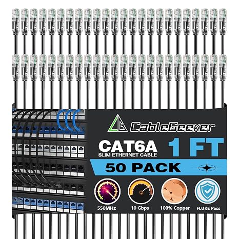 CableGeeker Cat 6A Slim Ethernet Patch Cables, 1 ft, 50-Pack, Black