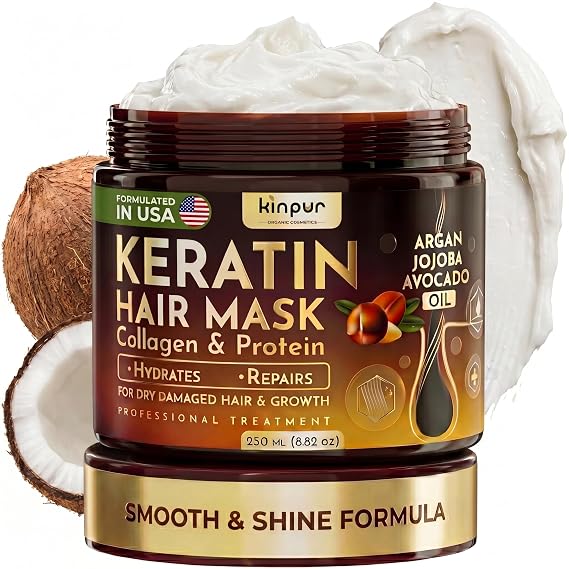 KINPUR ORGANIC COSMETICS Keratin Hair Mask for Dry & Damaged Hair Deep Conditioning Hair Treatment with Coconut, Jojoba & Avocado Oils, Collagen & Protein Hydrating Hair Mask, Color-Safe
