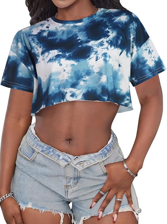 Crop Tops for Women Oversized Short Sleeve T Shirts Crew Neck Cropped Tees