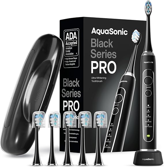 Aquasonic Black Series PRO Ultra-Whitening Electric Toothbrush 5 Modes & Smart Timers Premium Travel Case & 6 Proflex Brush Heads ADA Accepted Toothbrush