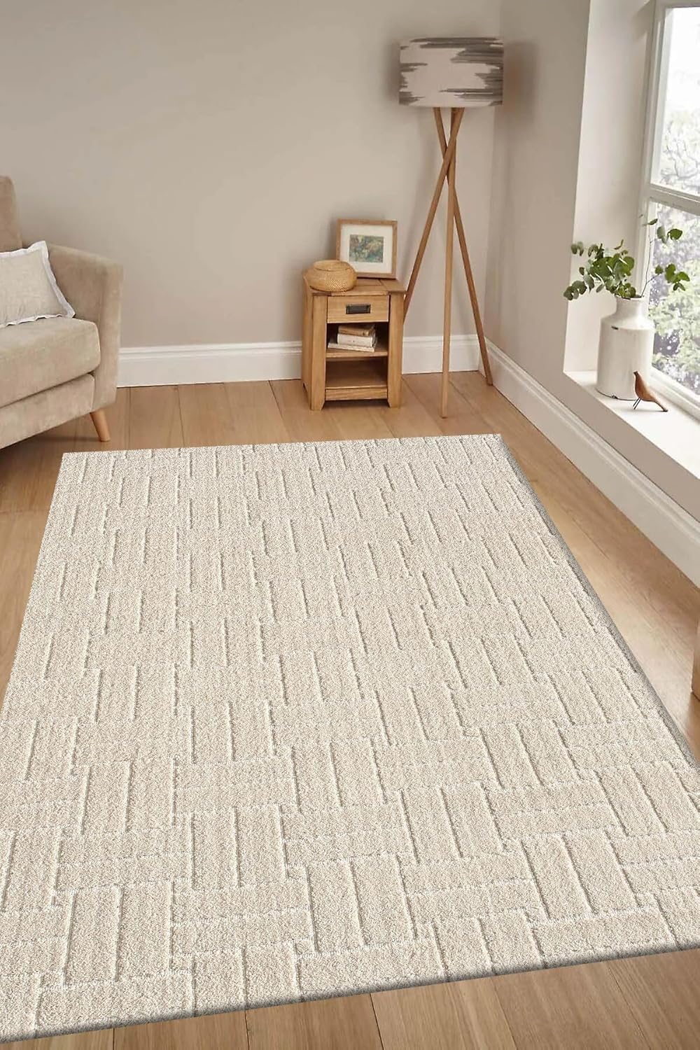 Kaymaz Taban Moopy Krem Rengi Bukleli Yumuşak Soft Dokuma Yolluk Halı Salon Halısı LP1001A, 120 x 150