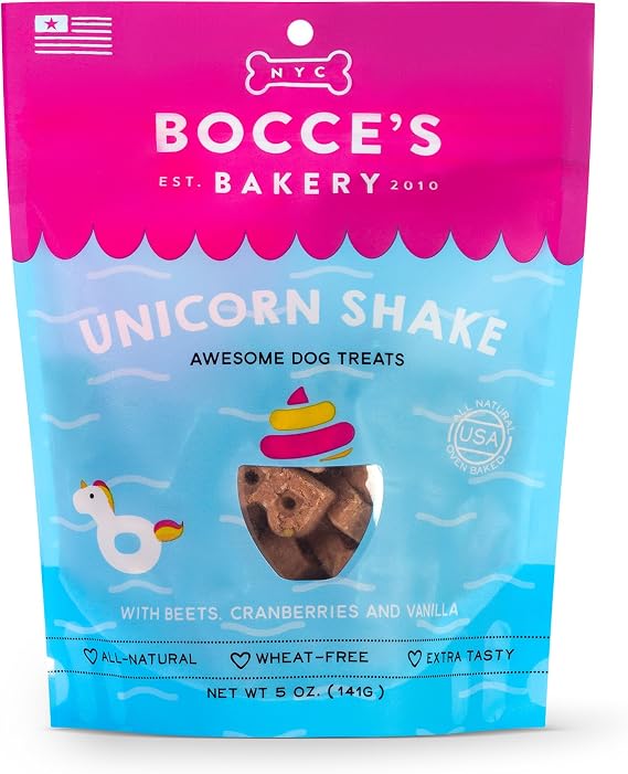 Bocce's Bakery Unicorn Shake Treats for Dogs - Special Edition Wheat-Free Dog Treats, Made with Real Ingredients, Baked in The USA, All-Natural Beets, Cranberries & Vanilla Biscuits, 5 oz