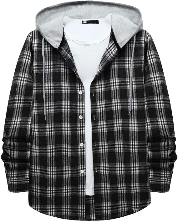 Plaid Men Dress Shirt Long Sleeve Hooded Button Shirts Causal Shirt Jacket With Hood Drawstring Fall Outwear Coat