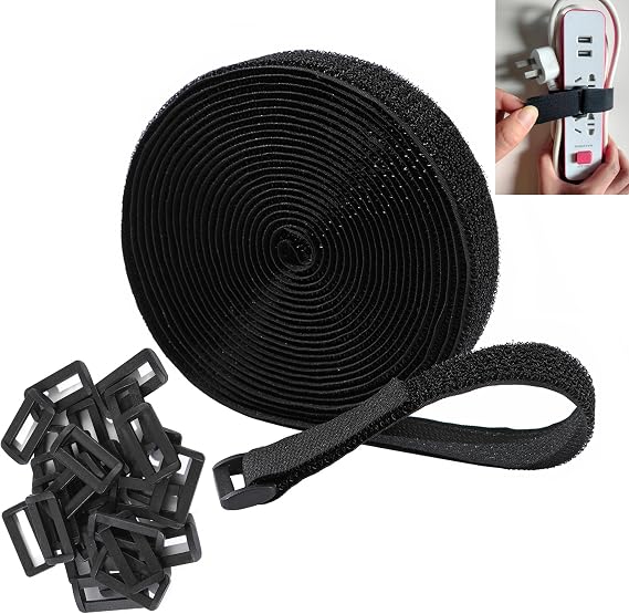 1"x16ft Hook and Loop Cable Securing Straps with 25 Buckles- Black | Free Cut Length | Adjustable | Reusable Fastening Cable Ties, 1 inch Wide Cinch Strap for Wire, Cord Wraps, Cable Management