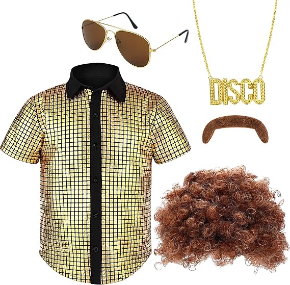 5Pcs Boy 70s Disco Costume,Kids Boys Sequins Dress Shirt,Wig Disco Necklace Sunglasses for 60s Dress up