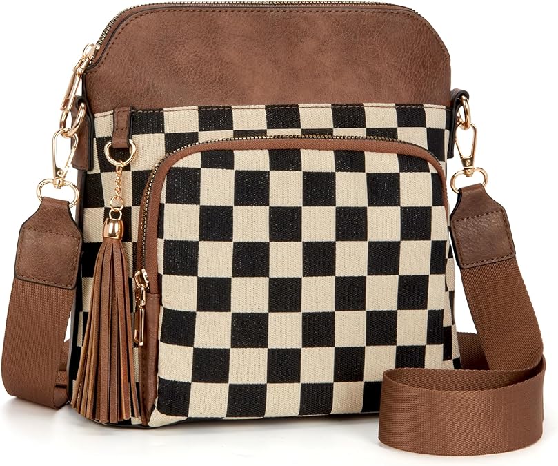 Checkered Crossbody Purses for Women Plaid Medium Cross Body Wallet Trendy Over the Shoulder Handbags