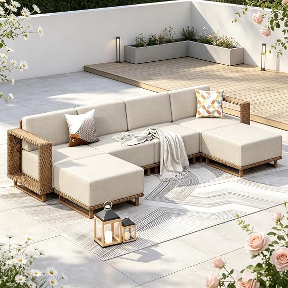 PHI VILLA Rattan Garden Furniture Sets with Thickened 25cm Cushions, 6 Seater U Shaped Outdoor Corner Sofa with 2 Ottomans, Modular Patio Lounge Set for Backyard, Beige