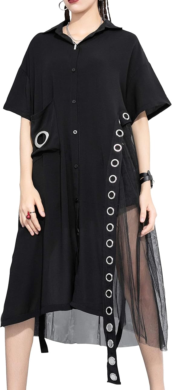 ellazhu Women's Black Short Sleeve Casual Mesh Tunic T-Shirt Dress GY2271