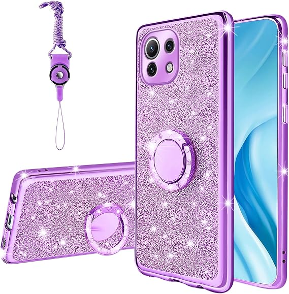 Case for Xiaomi Mi 11 Lite 4G/5G, Glitter Crystal Soft TPU Protective Cover with 360 Ring Kickstand, Glitter Purple