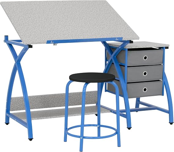 SD Studio Designs Comet Center Plus, Craft Table and Matching Stool Set with Storage and Adjustable Top, Blue/Spatter Gray, 50x23.75x29.5 inches, 2 Piece