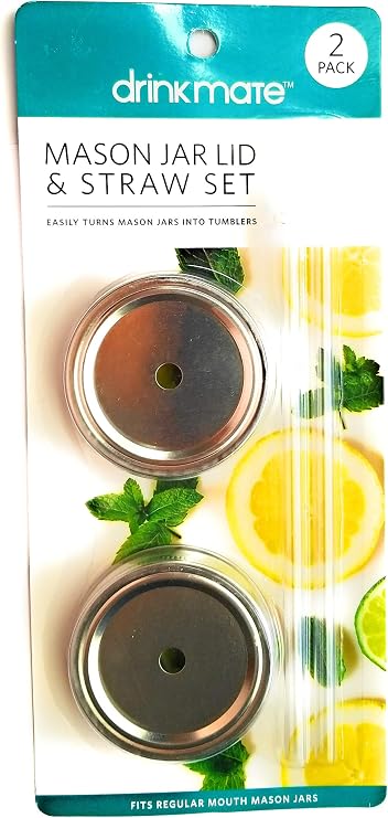 Drinkmate Mason Jar Lid and Straw Set (Pack of 2). Regular Mouth Mason Jars. Jars into tumblers. Straw Holes. Silver lid