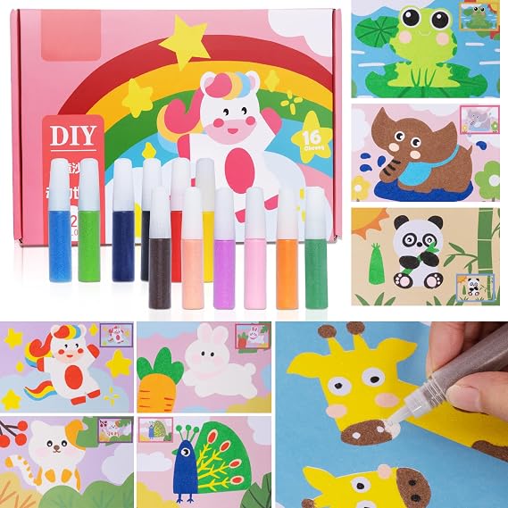 Sand Art Kits for Kids, 12 Colored Sands Bottle 16 Sheet Animal Theme Sand Art Pictures, Peel and Stick DIY Crafts Set for Girls and Boys, Painting Arts and Crafts for Kids Ages 8-12