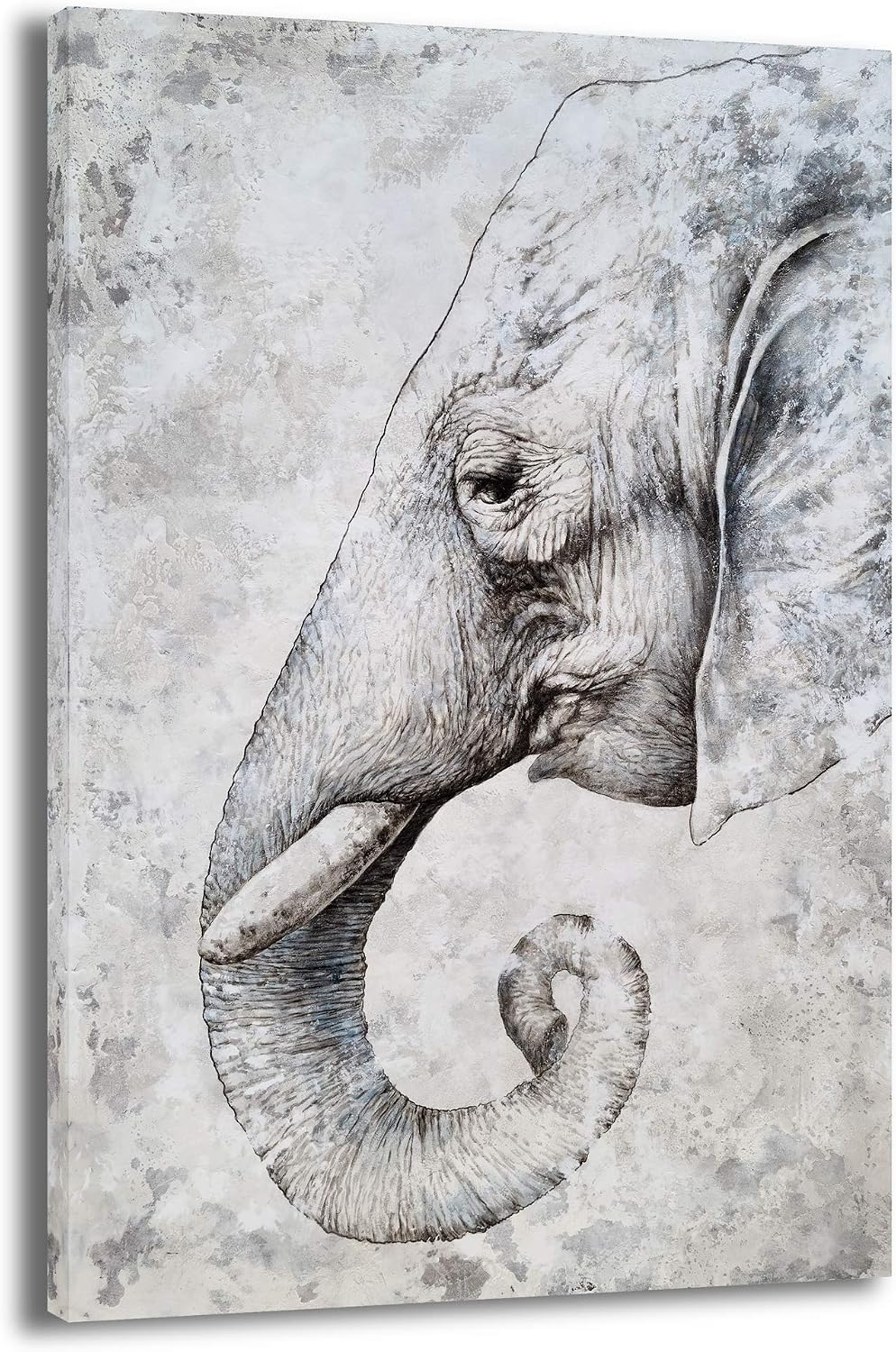 Elephant Head Wall Decor Hand Painted Lucky Animal Canvas Wall Art Painting in Grey and White Color Modern Aesthetic Pictures for Living Room Bedroom Bathroom Decoration